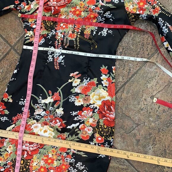 Laogudai 2 XL Black Red High Neck Long Sleeve Zip Back Asian Floral Maxi Dress - Picture 8 of 9